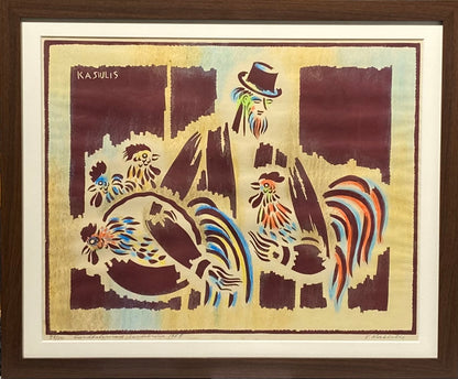 Vytautas Kasiulis | Composition with Roosters, 1969 | Linocut, wax crayons, 44x54 (52x62)