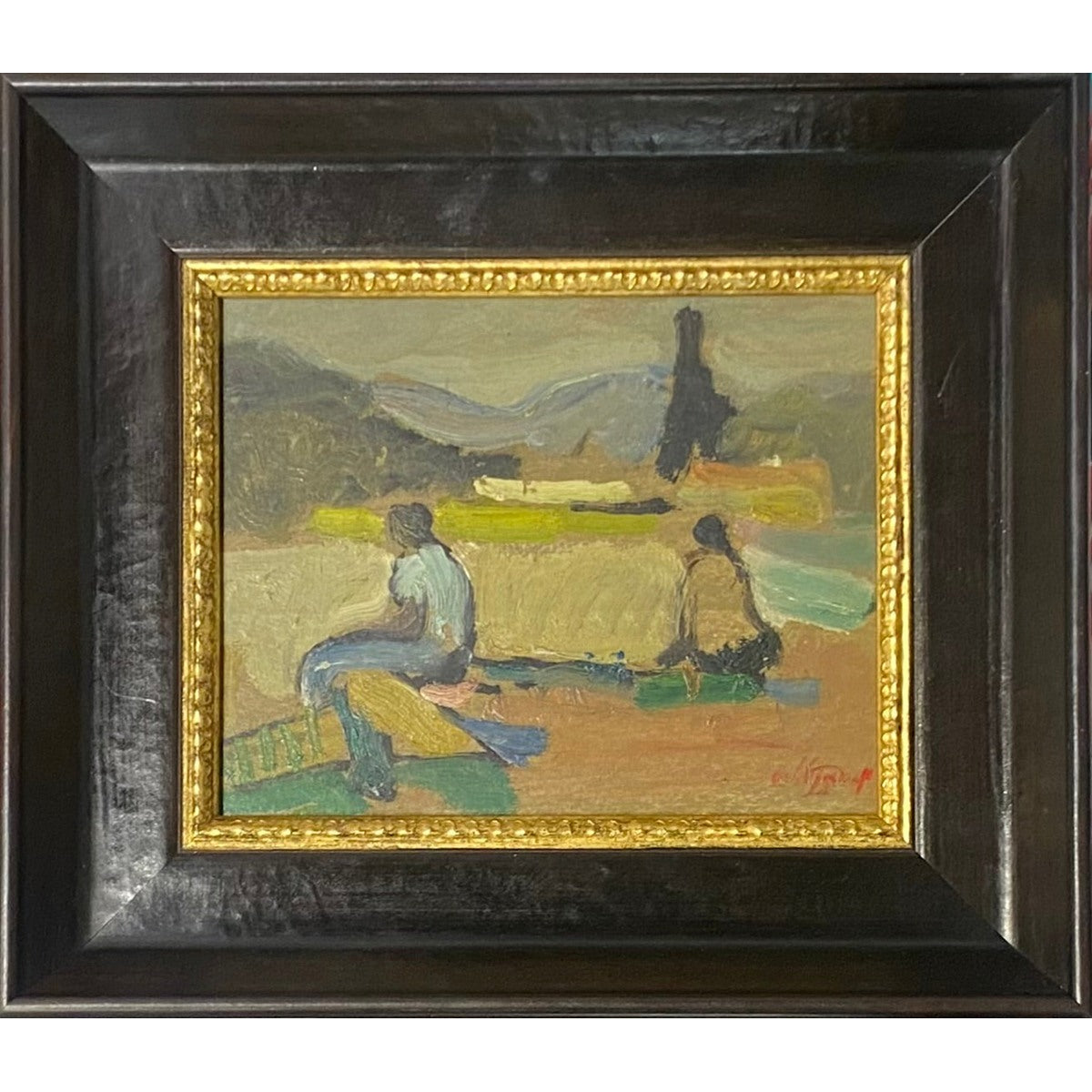Moshe Rosenthalis | Figūros kraštovaizdyje | Aliejus, kartonas, 17x24 (30x34,5)