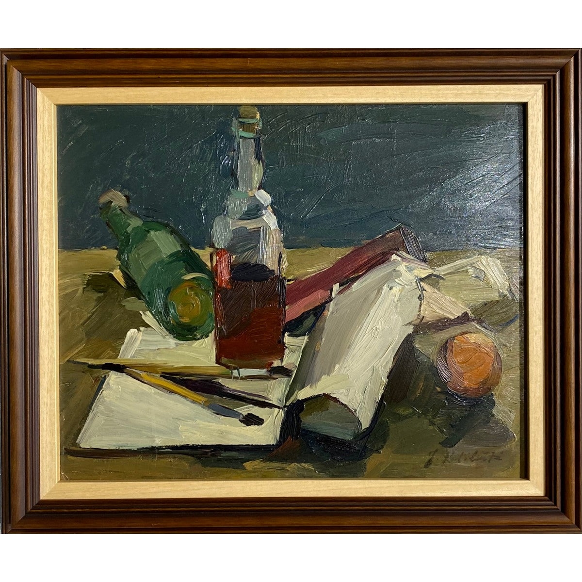 Juzefa Katiliūtė | Natiurmortas su buteliais ir teptukais | Aliejus, kartonas, 34x42 (43x51)