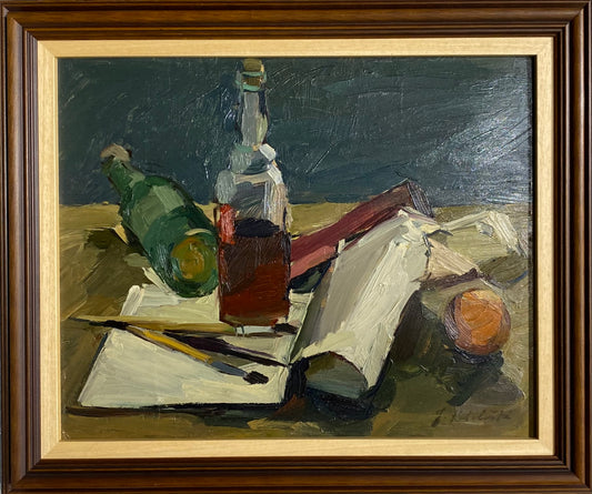 Juzefa (Juzė) Katiliūtė | Still Life with Bottles and Paint Brushes | Oil on boardcard, 34x42 (43x51)