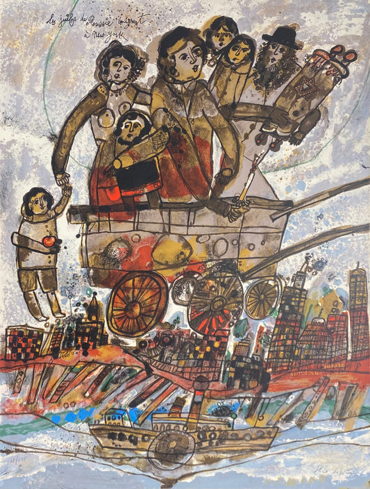 Theo Tobiasse | Les Juifs de Russie émigrent à New York | 9-spalvė litografija, Arches popierius, 66x50 (83x63)