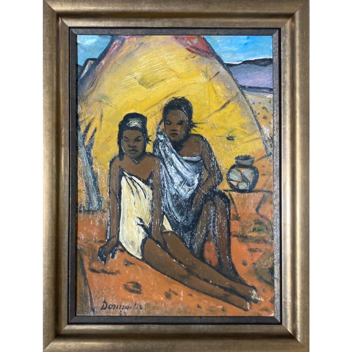 Pranas Domšaitis | Dvi moterys prie trobelės, 1953 | Aliejus, kartonas, 48x34 (59x45)