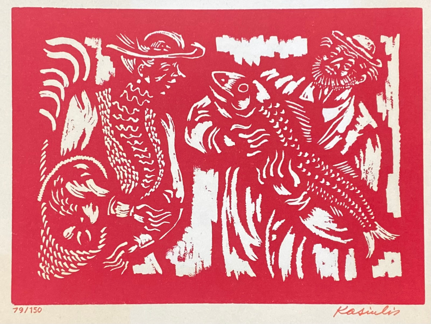 Vytautas Kasiulis | Fisherman with his catch, 1969 | Lithograph, 24x29 (27x33)