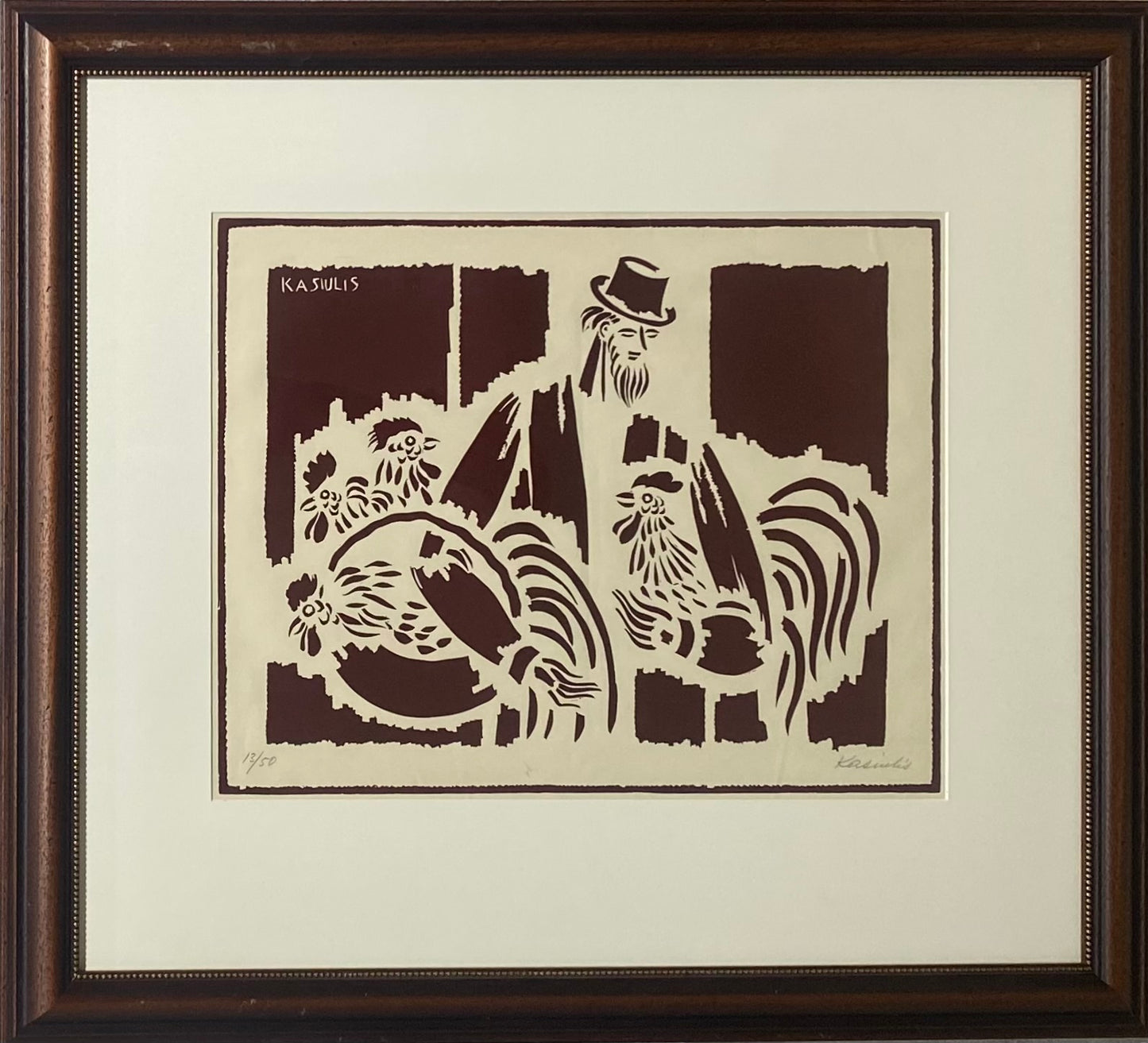 Vytautas Kasiulis | Kompozicija su gaidžiais, 1969 | Linoraižinys, popierius, 40x51 (73x87)