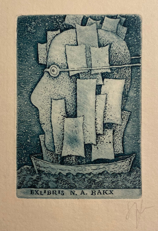 Stasys Eidrigevičius | Ekslibris N. A. Bakx | Ofortas, 8,7x5,7 (lakštas 12x10)