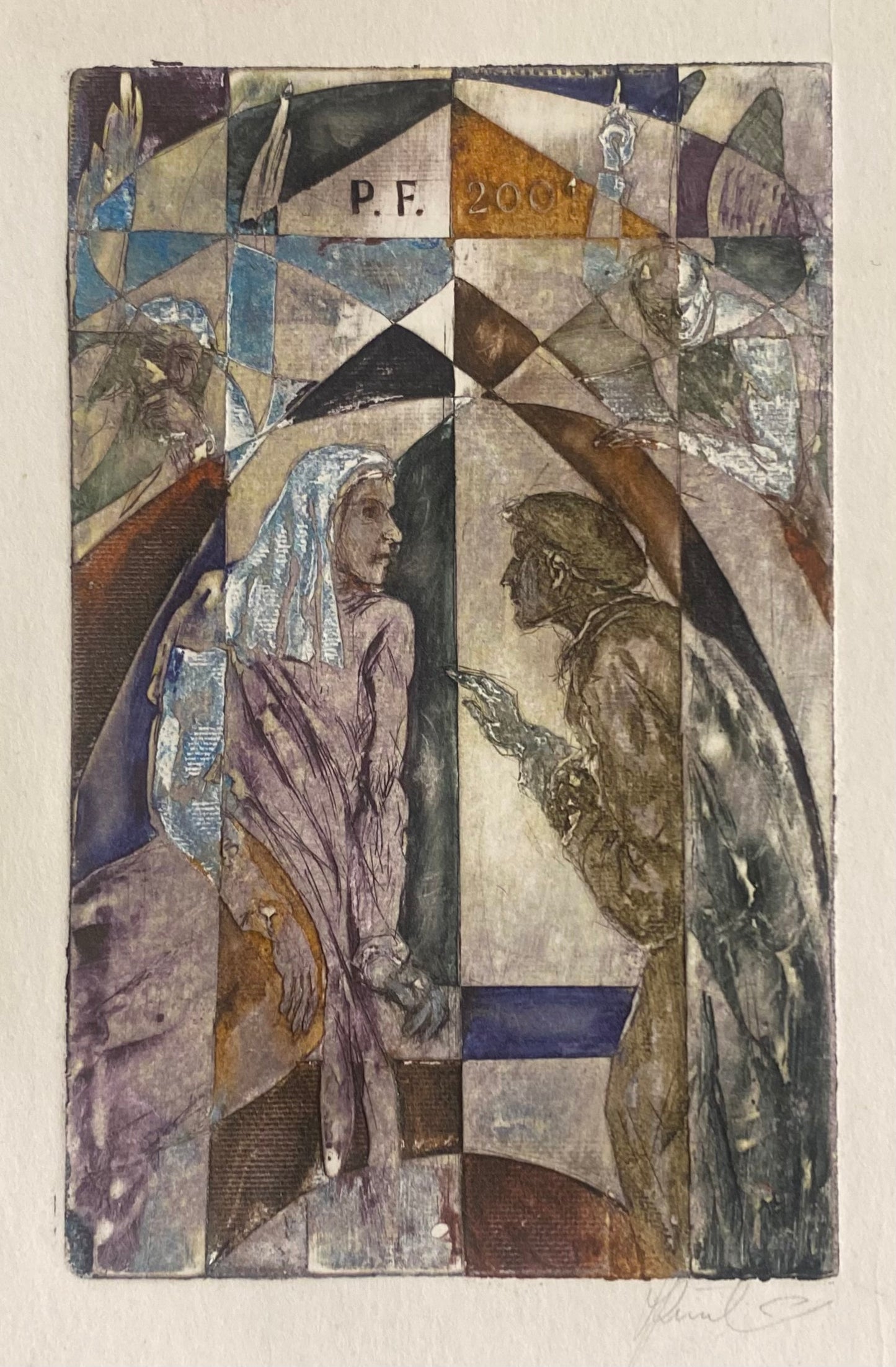 Antanas Kmieliauskas | Sveikinimo atvirukas P.F. 2001 | Pop., autorinė technika (spalv. tekstolito estampas), 12,5x8.8