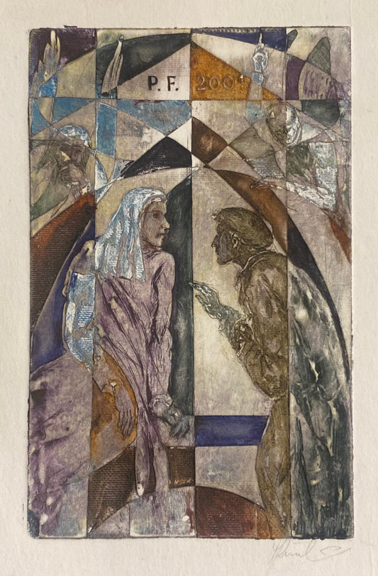 Antanas Kmieliauskas | Sveikinimo atvirukas P.F. 2001 | Pop., autorinė technika (spalv. tekstolito estampas), 12,5x8.8