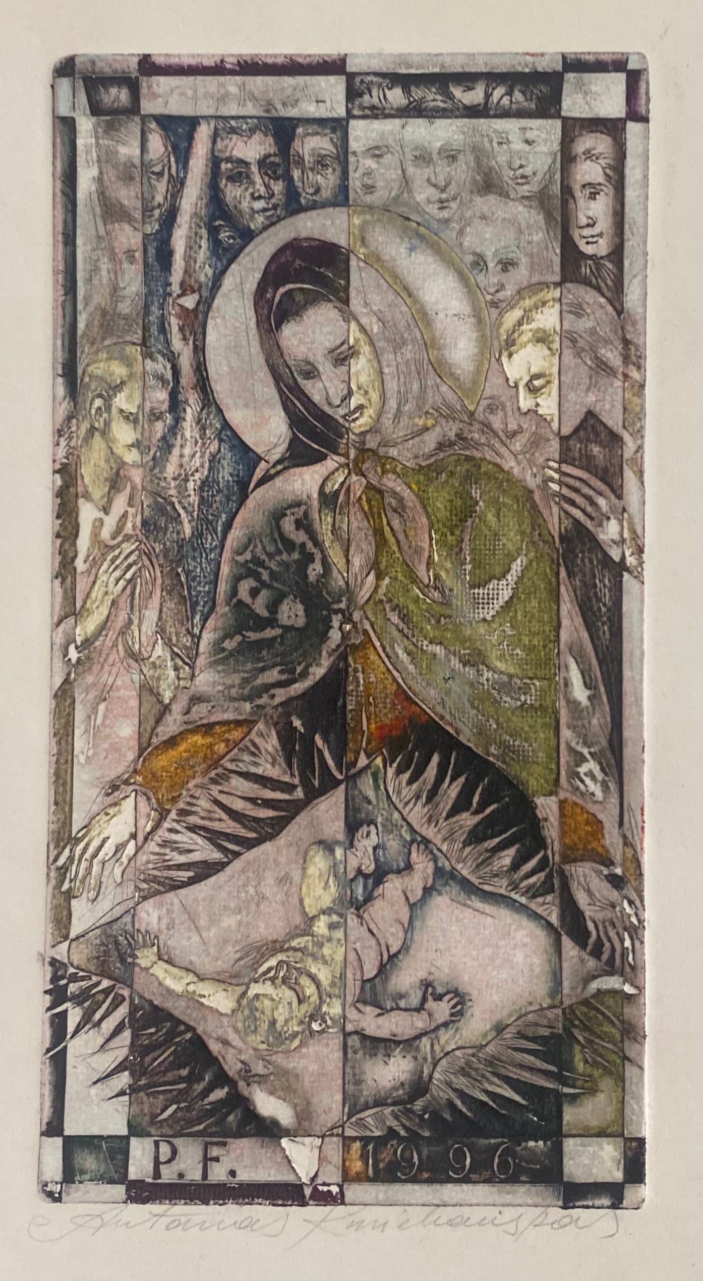 Antanas Kmieliauskas | Sveikinimo atvirukas P.F. 1996 | Pop., autorinė technika (spalv. tekstolito estampas), 14,5x7,5