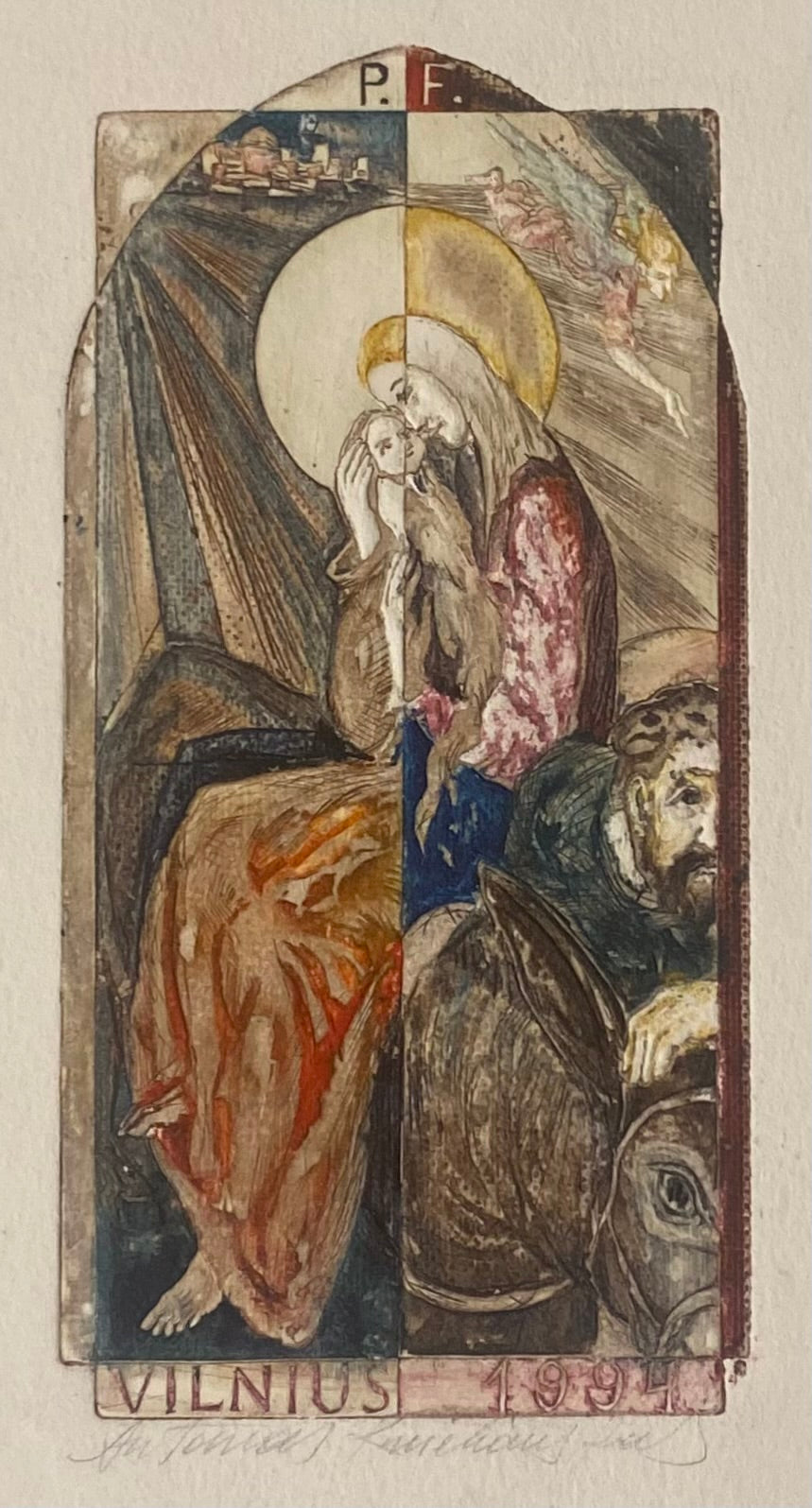 Antanas Kmieliauskas | Sveikinimo atvirukas P.F. 1994 | Pop., autorinė technika (spalv. tekstolito estampas), 13x6,5