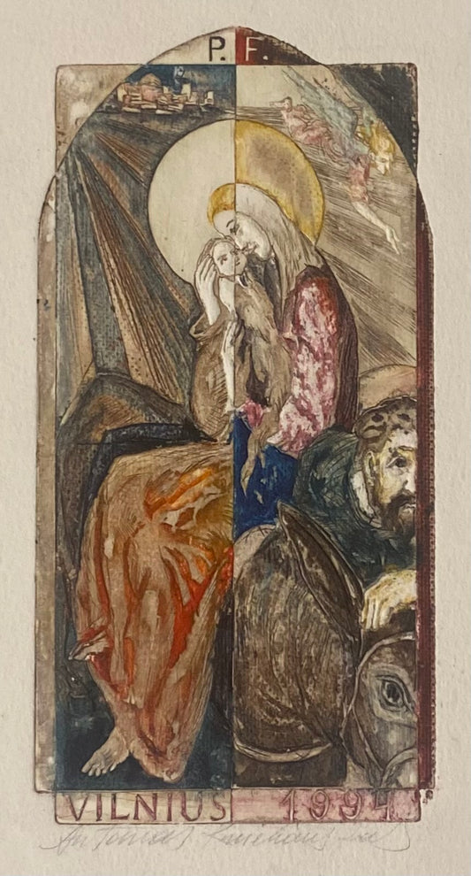 Antanas Kmieliauskas | Sveikinimo atvirukas P.F. 1994 | Pop., autorinė technika (spalv. tekstolito estampas), 13x6,5