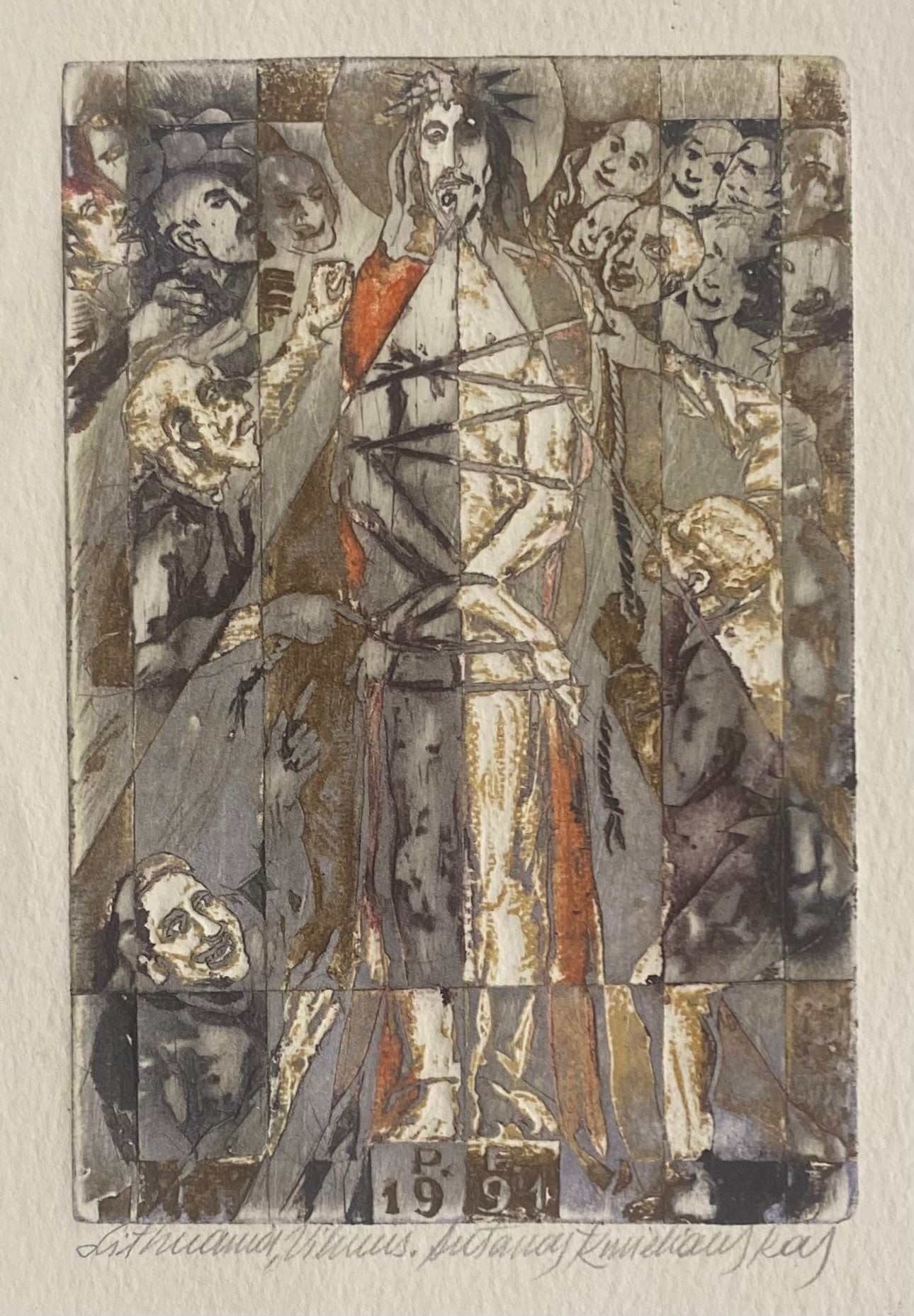 Antanas Kmieliauskas | Sveikinimo atvirukas P.F. 1991 | Pop., autorinė technika (spalv. tekstolito estampas), 12,5x8,5