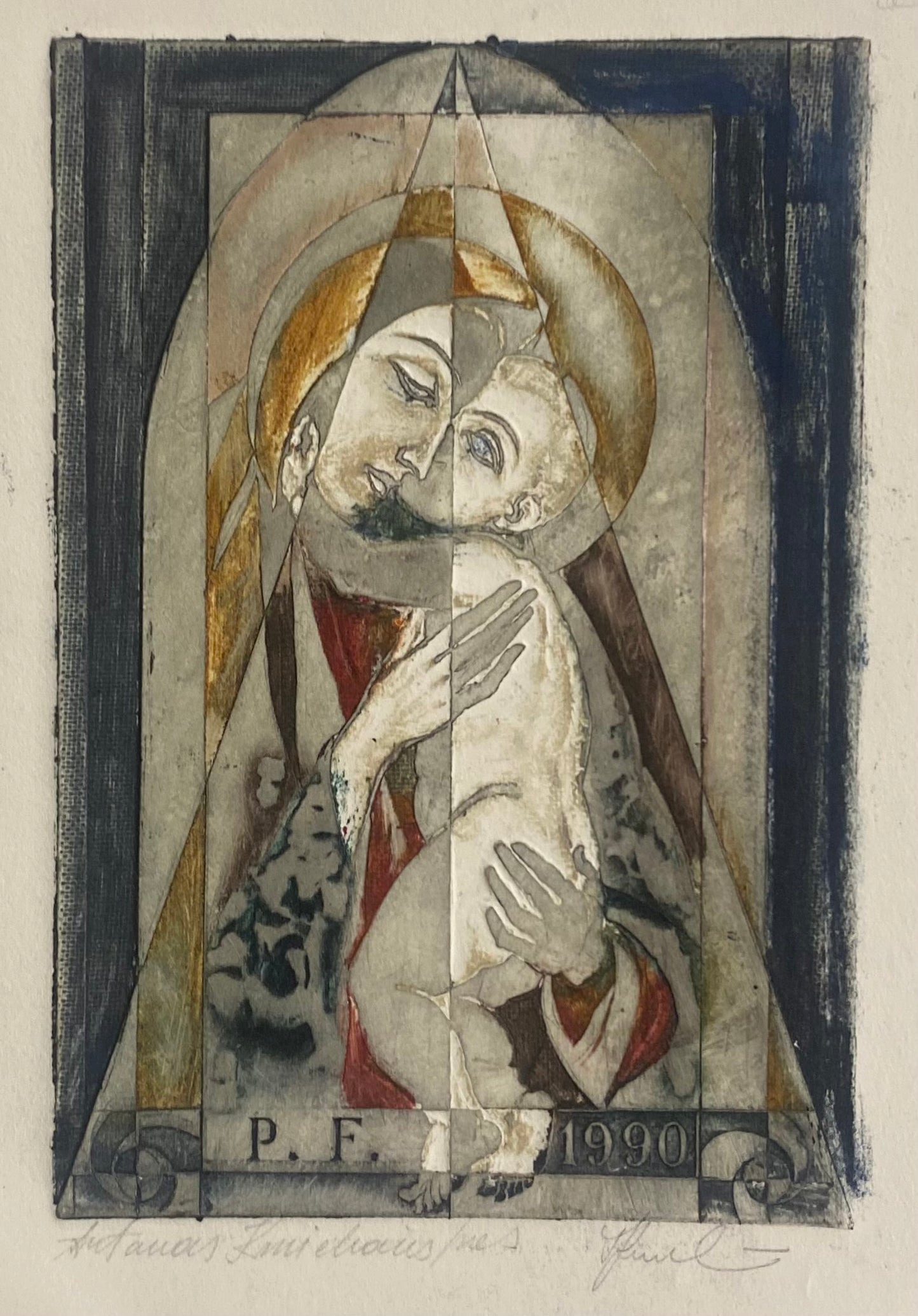 Antanas Kmieliauskas | Sveikinimo atvirukas P.F. 1990 | Pop., autorinė technika (spalv. tekstolito estampas), 12,5x8,5