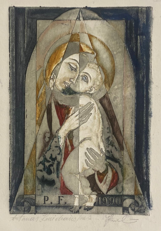 Antanas Kmieliauskas | Sveikinimo atvirukas P.F. 1990 | Pop., autorinė technika (spalv. tekstolito estampas), 12,5x8,5