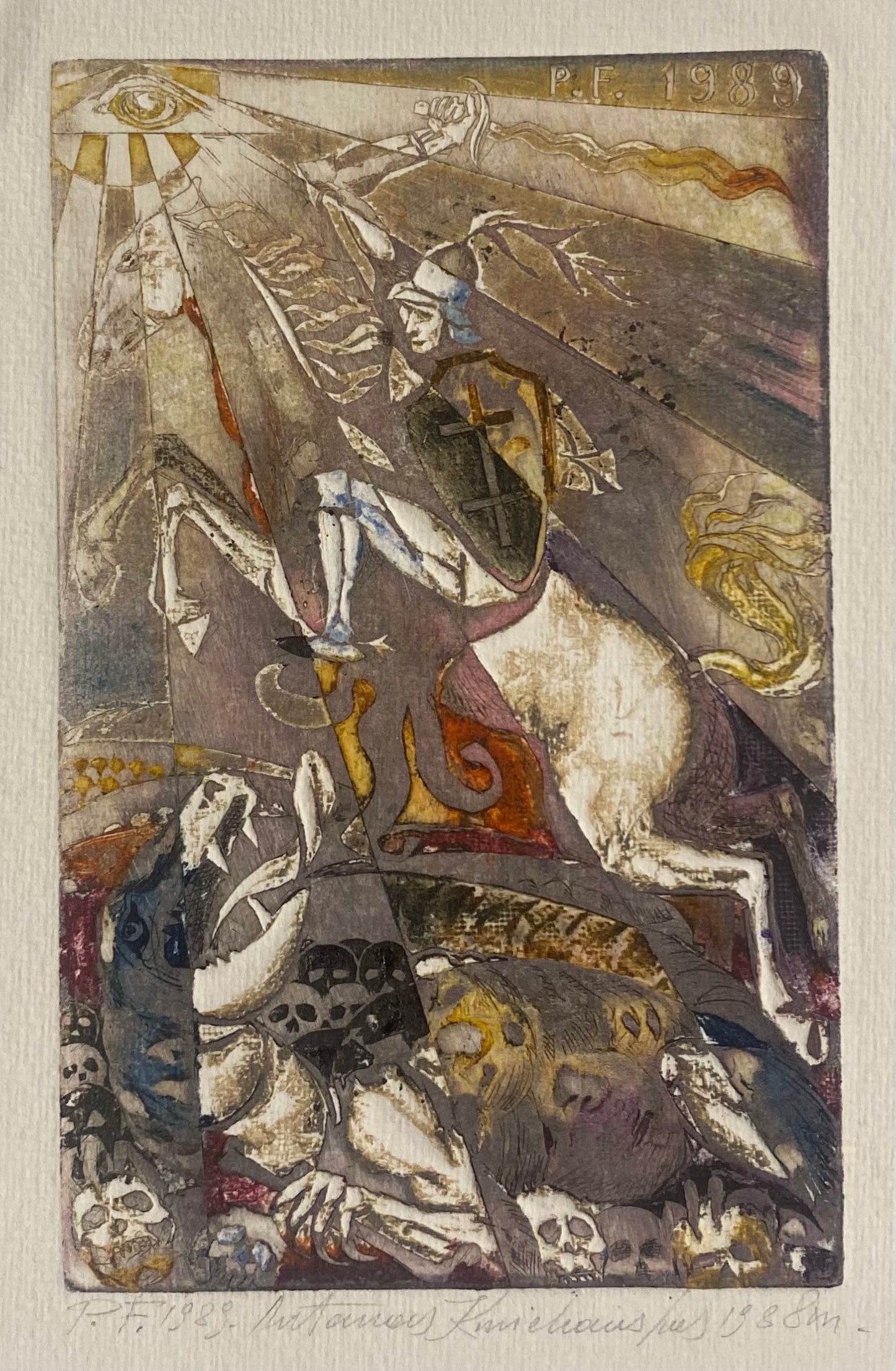 Antanas Kmieliauskas | REZERVUOTAS | Sveikinimo atvirukas P.F. 1989 | Pop., autorinė technika (spalv. tekstolito estampas), 14x9