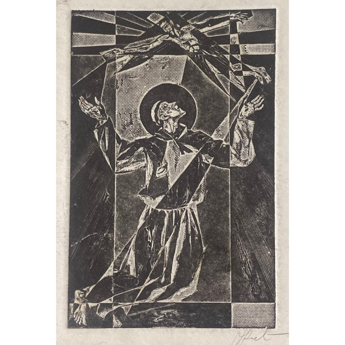Antanas Kmieliauskas | Šv. Pranciškaus ekstazė | Pop., autorinė technika (spalv. tekstolito estampas), 13x8,5