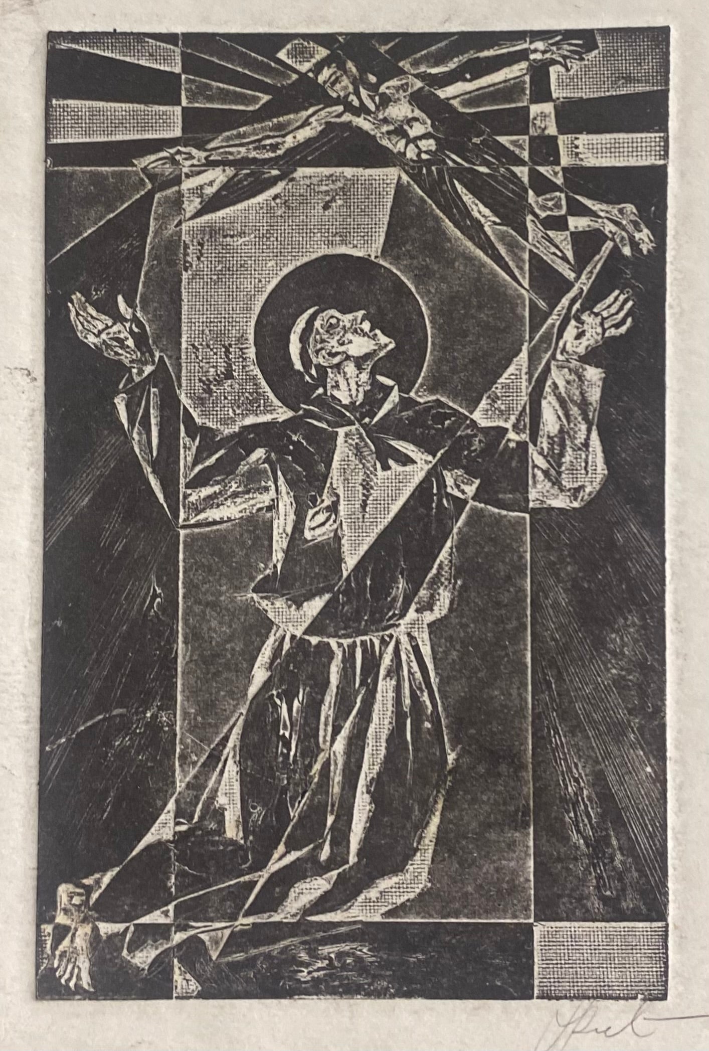 Antanas Kmieliauskas | Šv. Pranciškaus ekstazė | Pop., autorinė technika (spalv. tekstolito estampas), 13x8,5
