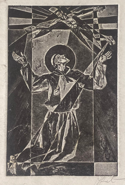 Antanas Kmieliauskas | Šv. Pranciškaus ekstazė | Pop., autorinė technika (spalv. tekstolito estampas), 13x8,5