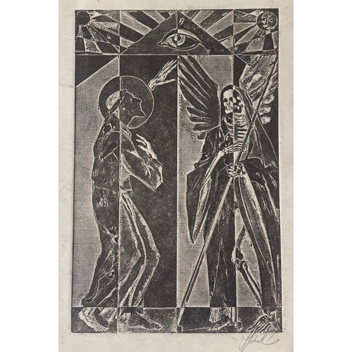 Antanas Kmieliauskas | Šv. Pranciškus ir Sesuo Mirtis | Pop., autorinė technika (spalv. tekstolito estampas), 13x8,5