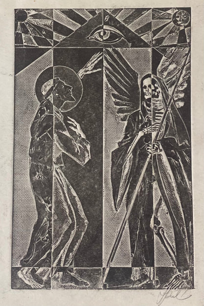 Antanas Kmieliauskas | Šv. Pranciškus ir Sesuo Mirtis | Pop., autorinė technika (spalv. tekstolito estampas), 13x8,5