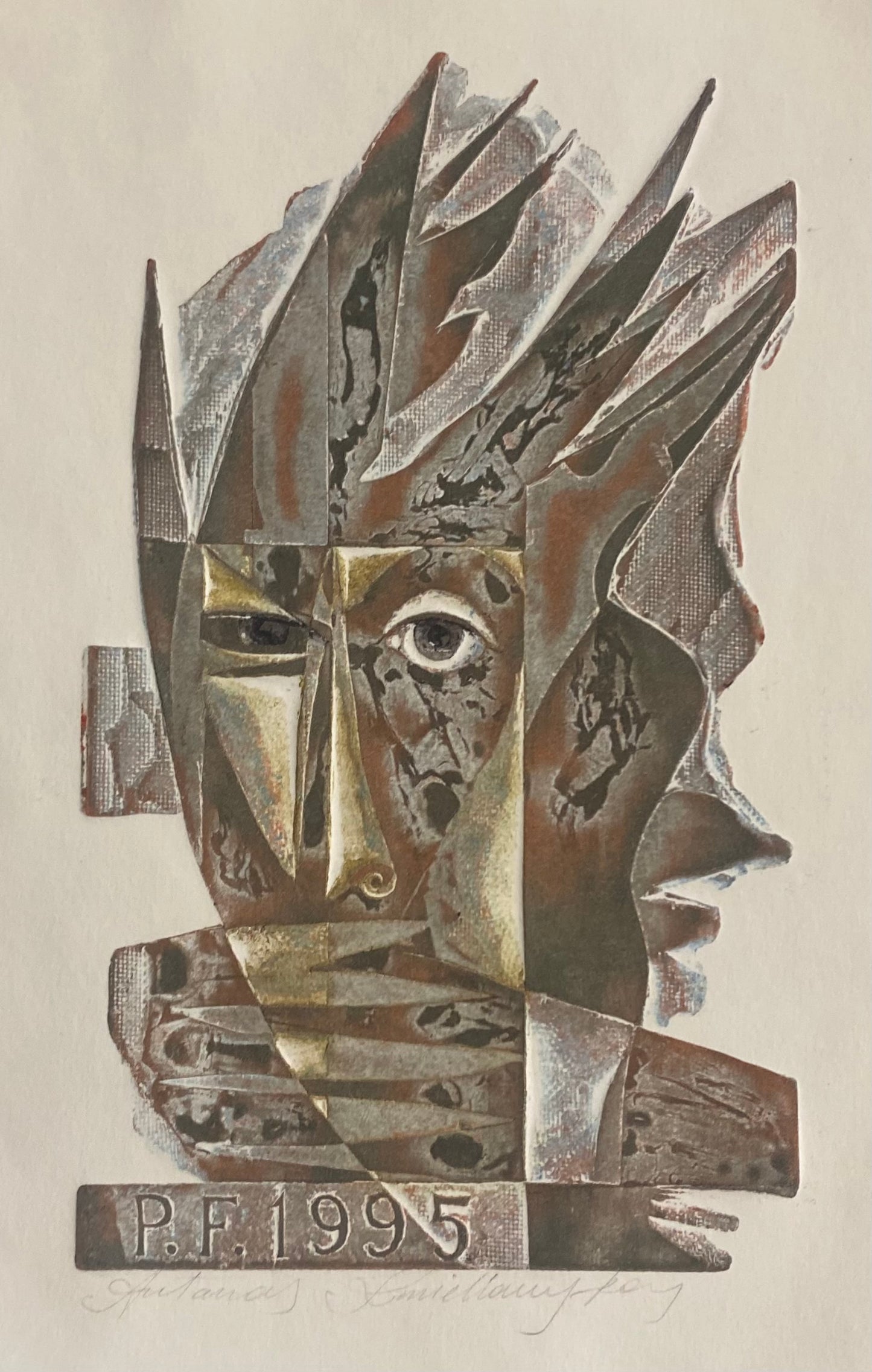 Antanas Kmieliauskas | Sveikinimo atvirukas P.F. 1995 | Pop., autorinė technika (spalv. tekstolito estampas), 16,5x10