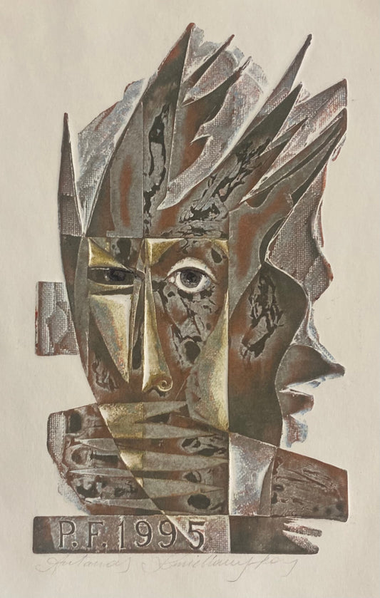 Antanas Kmieliauskas | Sveikinimo atvirukas P.F. 1995 | Pop., autorinė technika (spalv. tekstolito estampas), 16,5x10