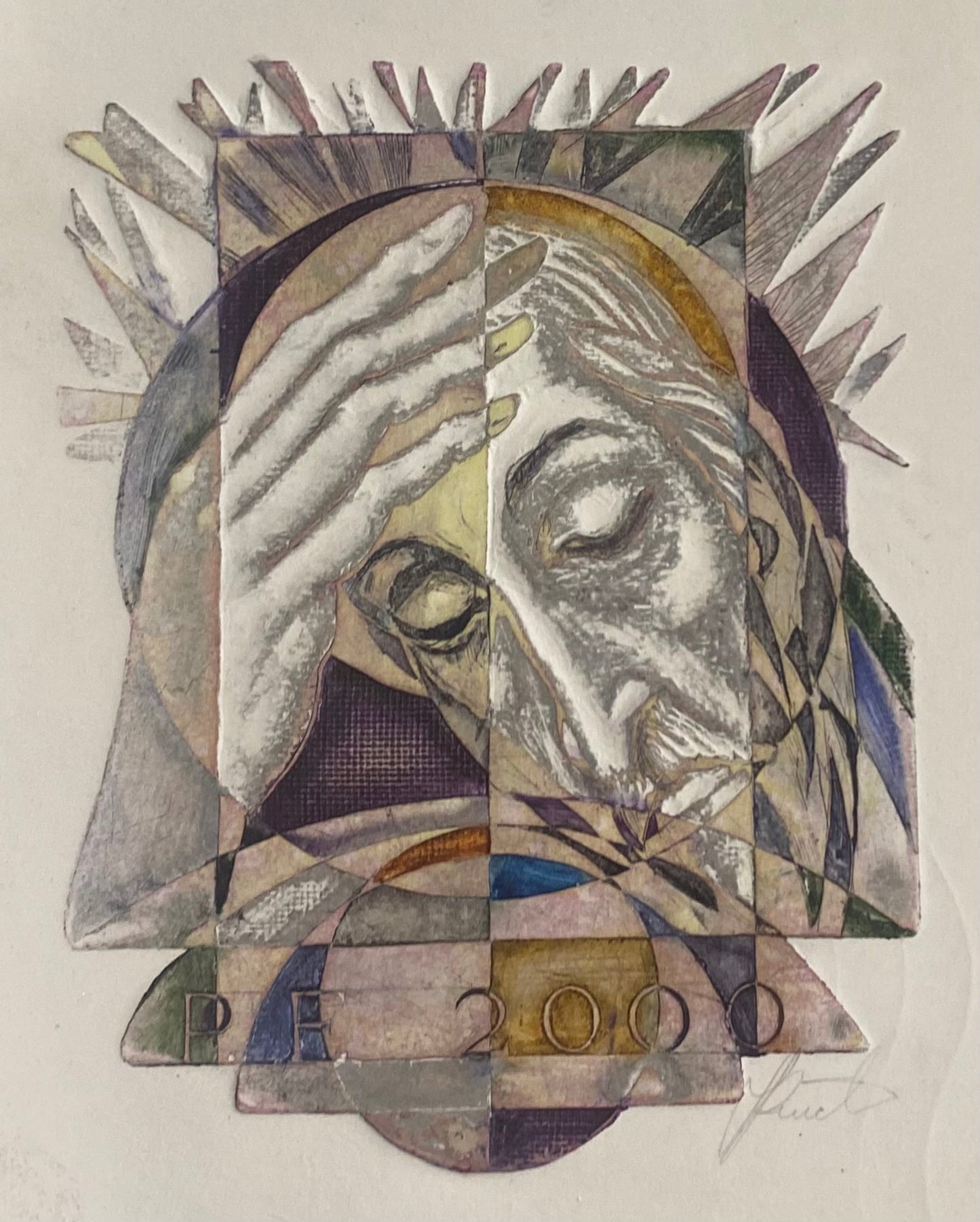 Antanas Kmieliauskas | Sveikinimo atvirukas P.F. 2000 | Pop., autorinė technika (spalv. tekstolito estampas), 11,5x9