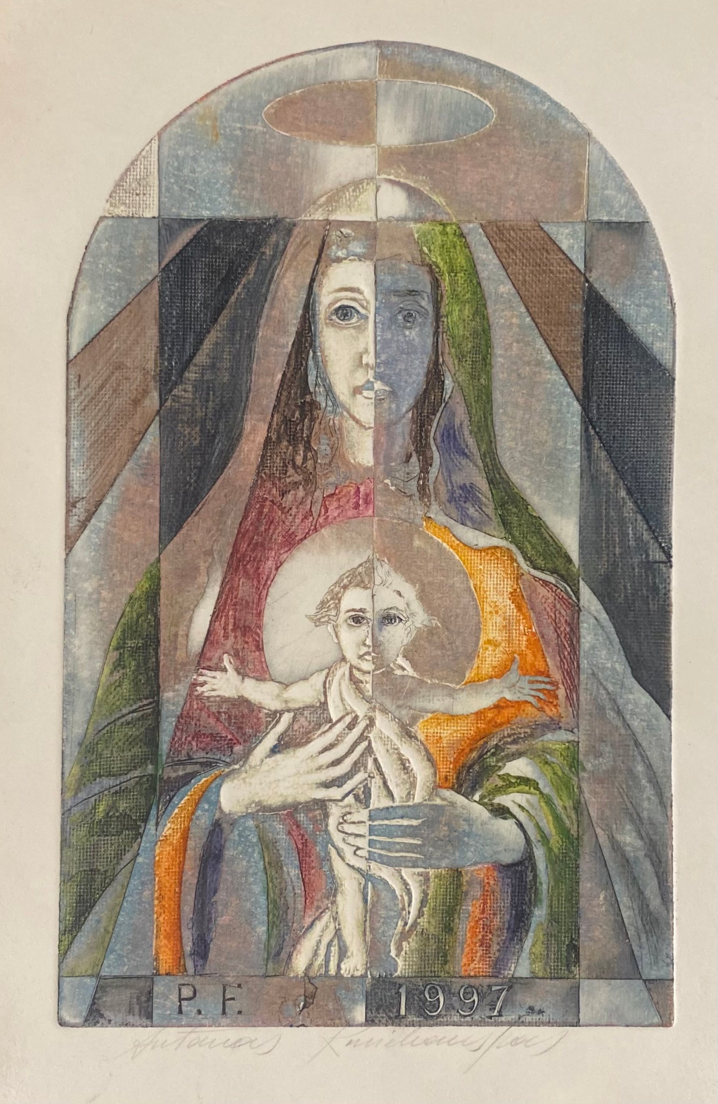 Antanas Kmieliauskas | Sveikinimo atvirukas P.F. 1997 | Pop., autorinė technika (spalv. tekstolito estampas), 18x11