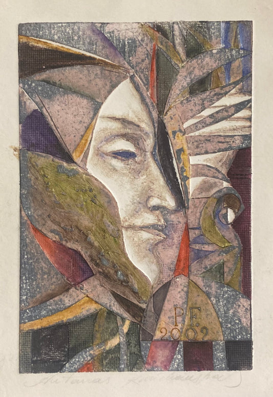 Antanas Kmieliauskas | Sveikinimo atvirukas P.F. 2002 | Pop., autorinė technika (spalv. tekstolito estampas), 17x11