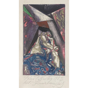 Antanas Kmieliauskas | Greeting card to P.F. 1983 | Paper, author's technique (coloured textile lithograph), 11.4x7.8