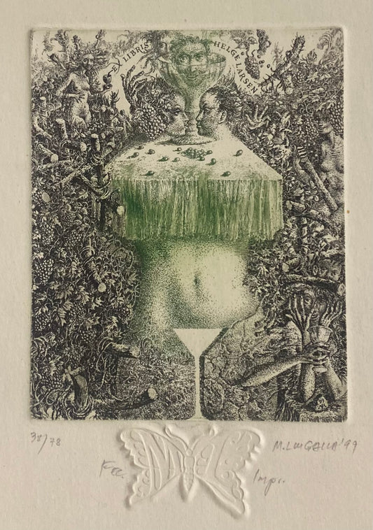 Marius Liugaila | Ekslibris Helge Larsen, 1999 | Popierius, ofortas, mecotinta, 11,5x8,5