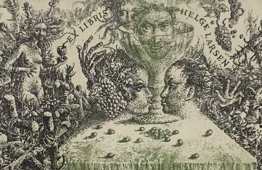 Marius Liugaila | Ekslibris Helge Larsen, 1999 | Popierius, ofortas, mecotinta, 11,5x8,5