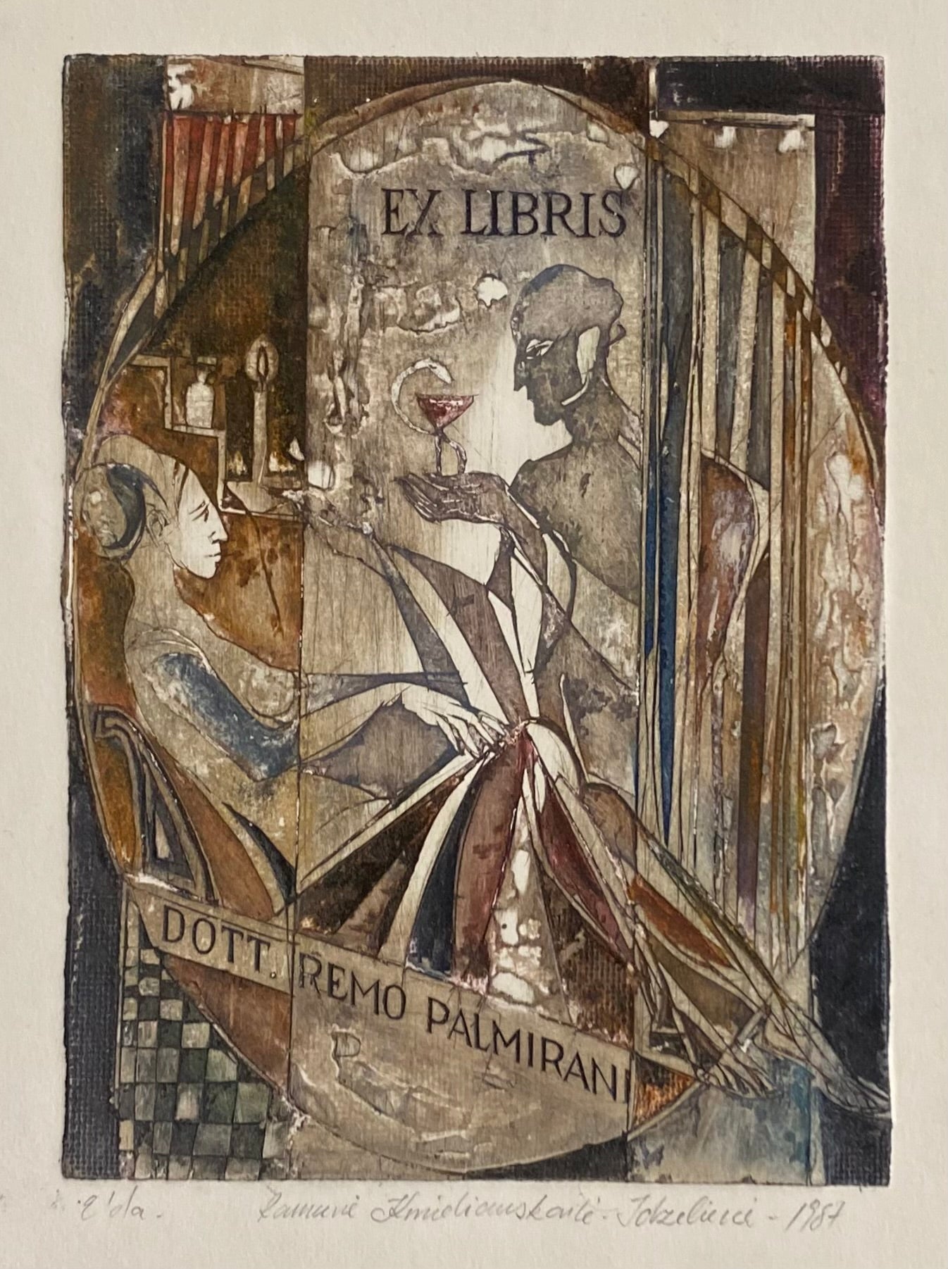 Ramunė Kmieliauskaitė | Ekslibris Remo Palmirani, 1987 | Pop., autorinė technika (spalv. tekstolito estampas), 12,3x9,1 (22,5x17,5)