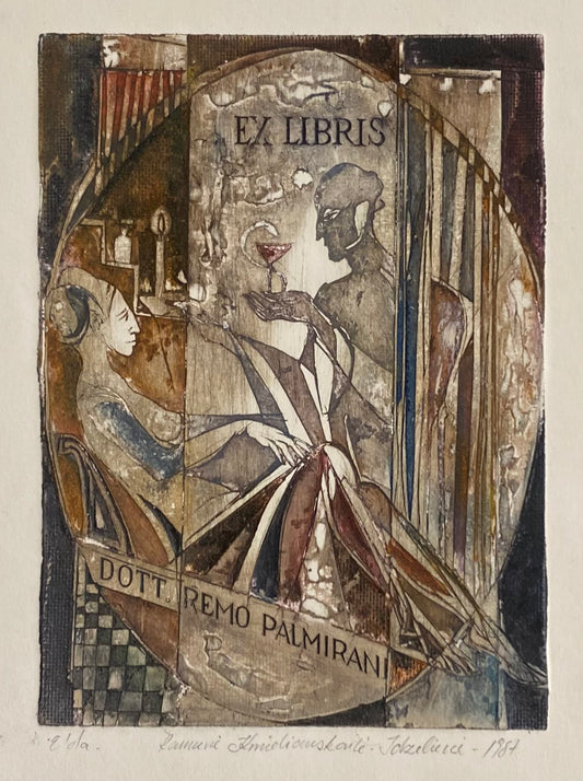 Ramunė Kmieliauskaitė | Ekslibris Remo Palmirani, 1987 | Pop., autorinė technika (spalv. tekstolito estampas), 12,3x9,1 (22,5x17,5)