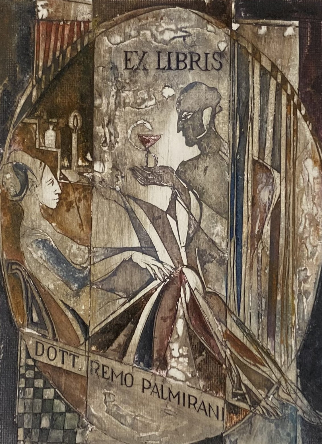 Ramunė Kmieliauskaitė | Ekslibris Remo Palmirani, 1987 | Pop., autorinė technika (spalv. tekstolito estampas), 12,3x9,1 (22,5x17,5)