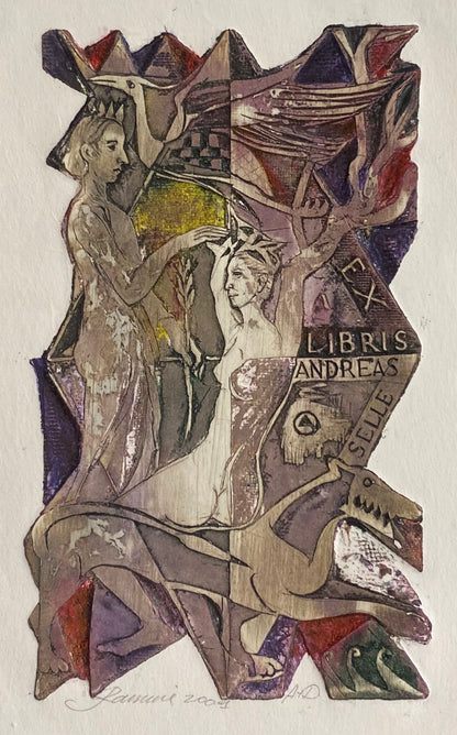 Ramunė Kmieliauskaitė | Ekslibris Andreas Selle, 2001 | Pop., autorinė technika (spalv. tekstolito estampas),  14x8,7 (24x18)