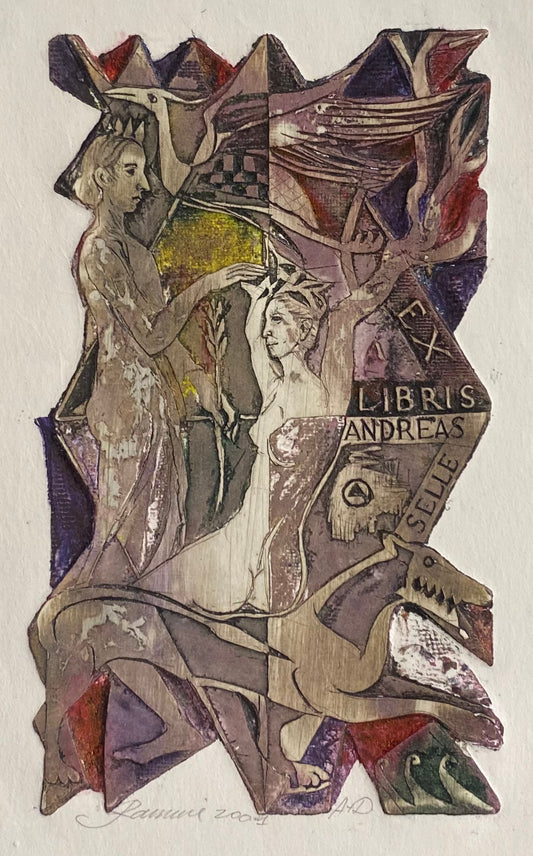 Ramunė Kmieliauskaitė | Ekslibris Andreas Selle, 2001 | Pop., autorinė technika (spalv. tekstolito estampas),  14x8,7 (24x18)