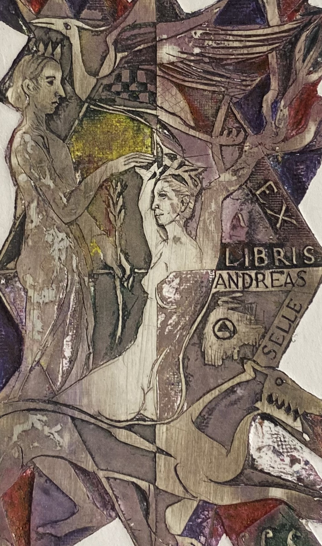 Ramunė Kmieliauskaitė | Ekslibris Andreas Selle, 2001 | Pop., autorinė technika (spalv. tekstolito estampas),  14x8,7 (24x18)