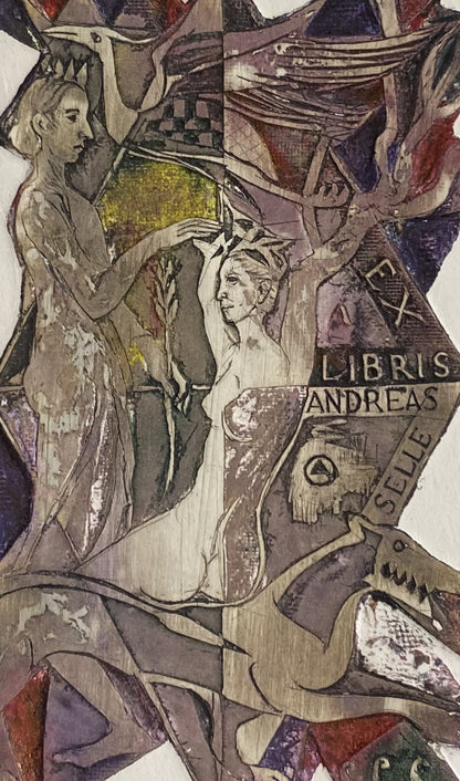 Ramunė Kmieliauskaitė | Ekslibris Andreas Selle, 2001 | Pop., autorinė technika (spalv. tekstolito estampas),  14x8,7 (24x18)