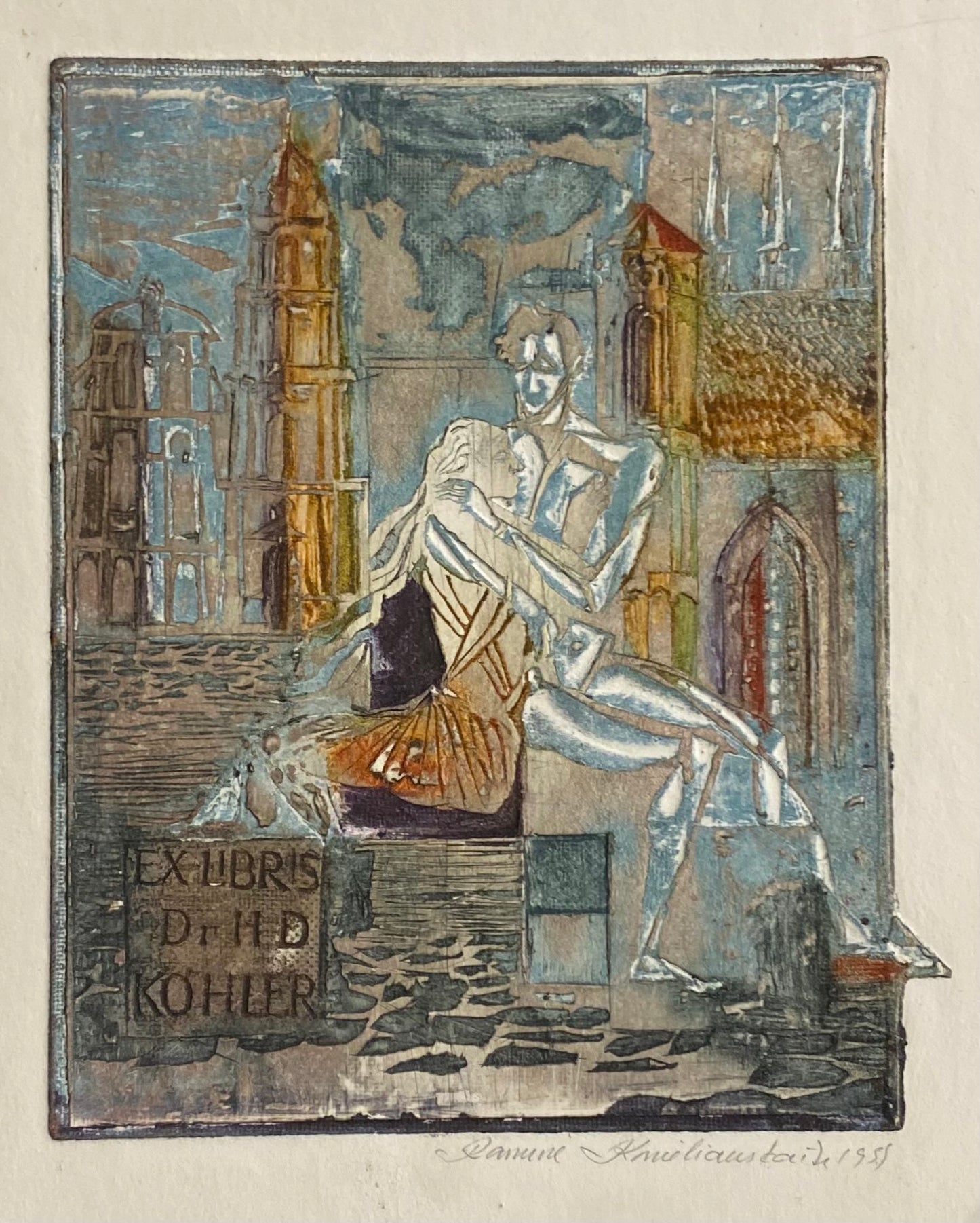 Ramunė Kmieliauskaitė | Ekslibris Hans Dieter Köhler, 1993 | Pop., autorinė technika (spalv. tekstolito estampas), 11,5x9,9 (20x15)