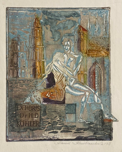 Ramunė Kmieliauskaitė | Ekslibris Hans Dieter Köhler, 1993 | Pop., autorinė technika (spalv. tekstolito estampas), 11,5x9,9 (20x15)