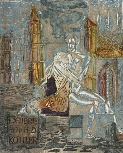 Ramunė Kmieliauskaitė | Ekslibris Hans Dieter Köhler, 1993 | Pop., autorinė technika (spalv. tekstolito estampas), 11,5x9,9 (20x15)