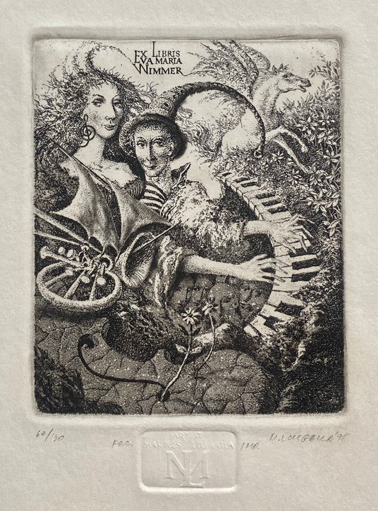 Marius Liugaila | Exlibris Eva Maria Wimmer, 1995 | Popierius, ofortas, mecotinta, 10,4x11,5