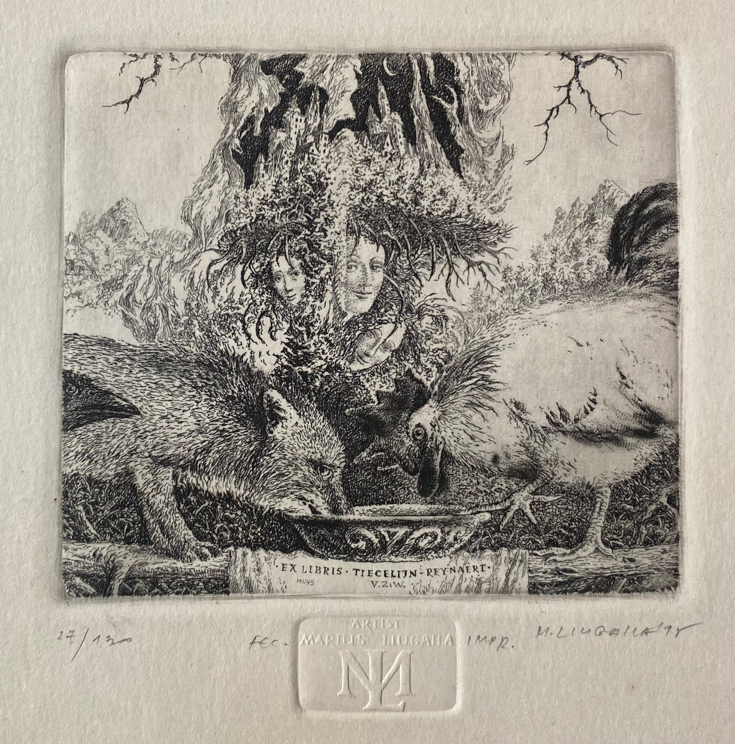Marius Liugaila | Tiecelijn - Reynaert, 1995 | Popierius, ofortas, mecotinta, 10,4x11,5 (21x27)