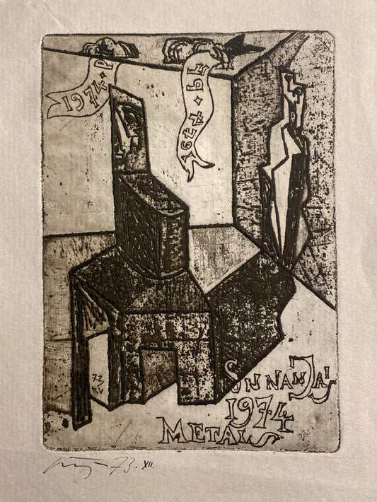 Vincas Kisarauskas | Sveikinimo atvirukas P.F.1974, 1973 | Ofortas, popierius, 13,5x9,5