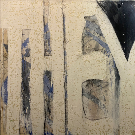 Suzanne McClelland (JAV) | They, 1993 | Acrylic, pen on canvas, with globular resin spots applied to letters, 102x101.5