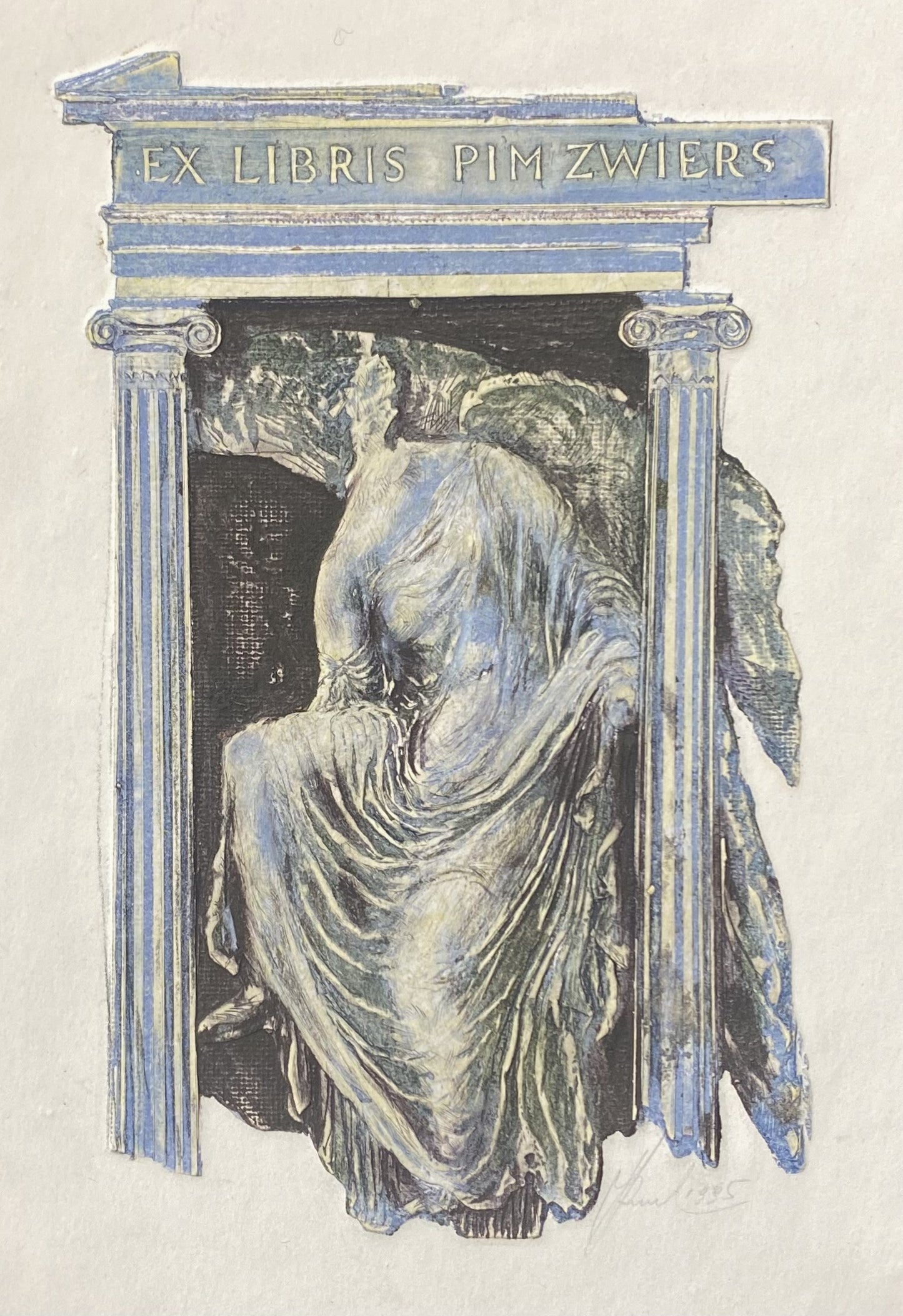 Antanas Kmieliauskas | Ekslibris Pim Zwiers, 1995 | Pop., autorinė technika (spalv. tekstolito estampas), 15x10