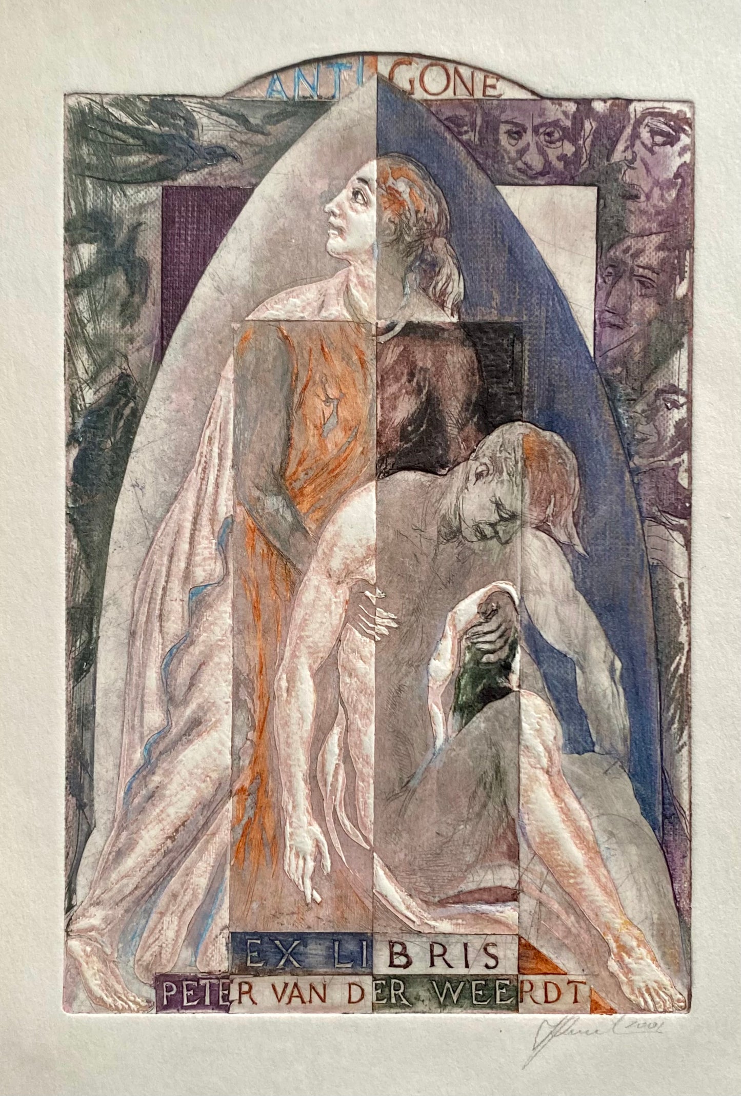 Antanas Kmieliauskas | Antigonė. Ekslibris Peter Van Der Weerdt, 2001 | Pop., autorinė technika (spalv. tekstolito estampas), 14,8x9,8  (22x17)