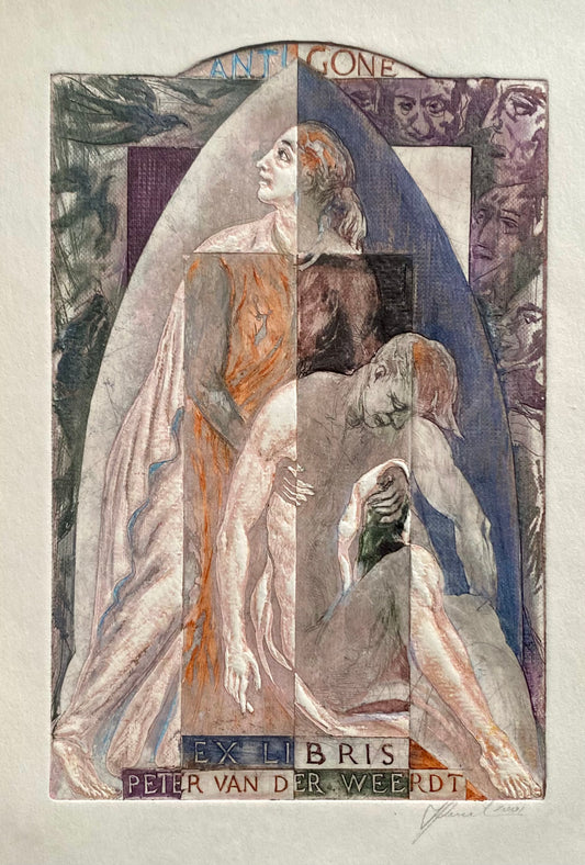 Antanas Kmieliauskas | Antigonė. Ekslibris Peter Van Der Weerdt, 2001 | Pop., autorinė technika (spalv. tekstolito estampas), 14,8x9,8  (22x17)