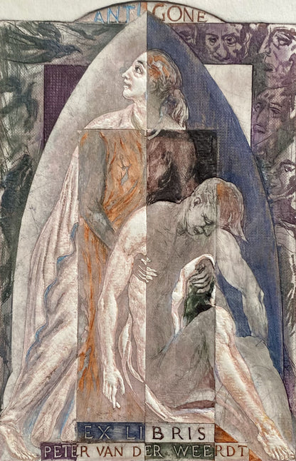 Antanas Kmieliauskas | Antigonė. Ekslibris Peter Van Der Weerdt, 2001 | Pop., autorinė technika (spalv. tekstolito estampas), 14,8x9,8  (22x17)