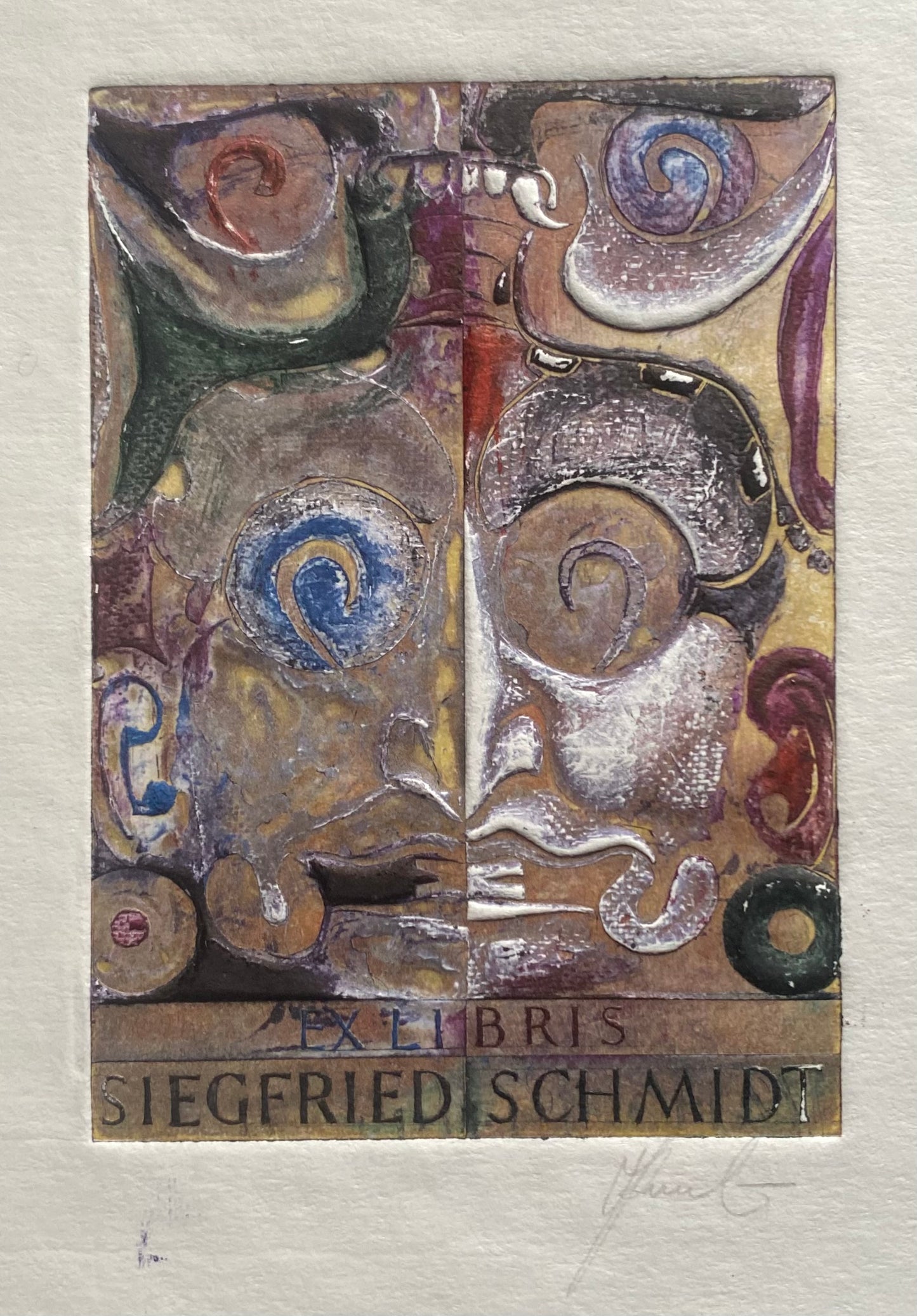Antanas Kmieliauskas | Ekslibris Siegfried Schmidt | Pop., autorinė technika (spalv. tekstolito estampas), 11x7,8 (22,5x17,5)